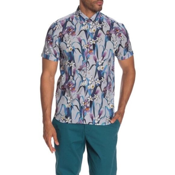 Ted Baker London Mens Blue Hawaiian Short Sleeve Button Up Shirt Sz XL NEW
